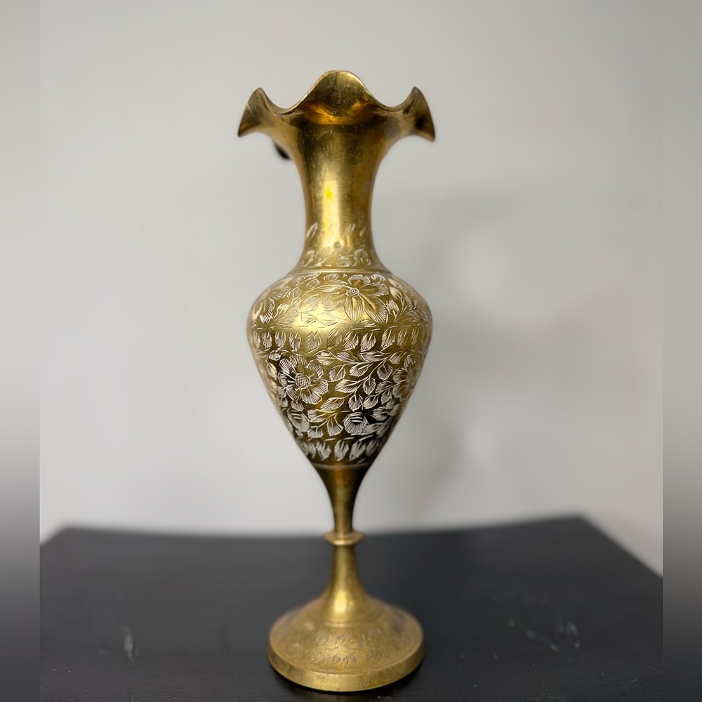 Vintage Etched Brass Scalloped Rimmed 10 Inch Vase